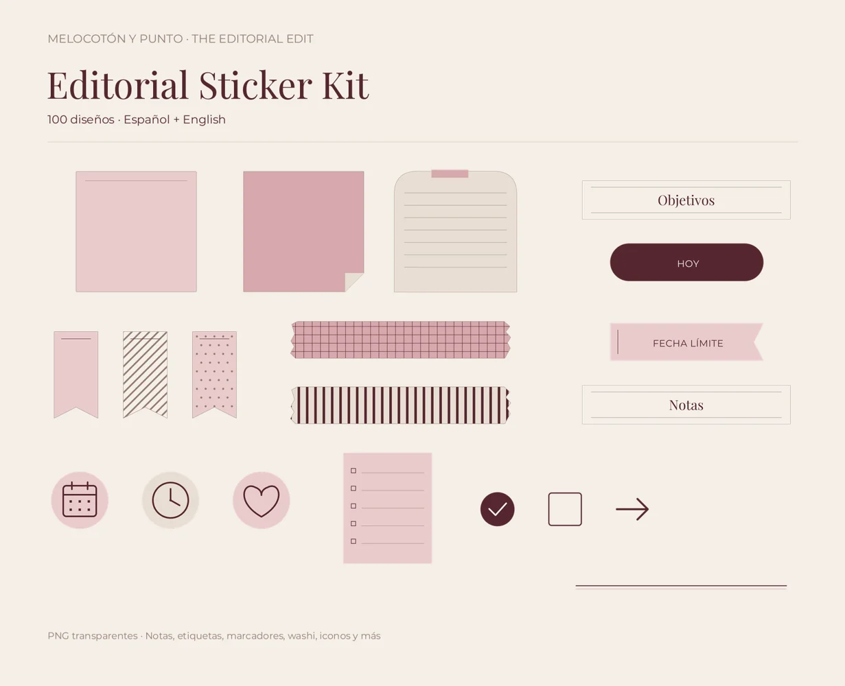 Muestra real del Editorial Sticker Kit con notas, etiquetas, marcadores y washi tape